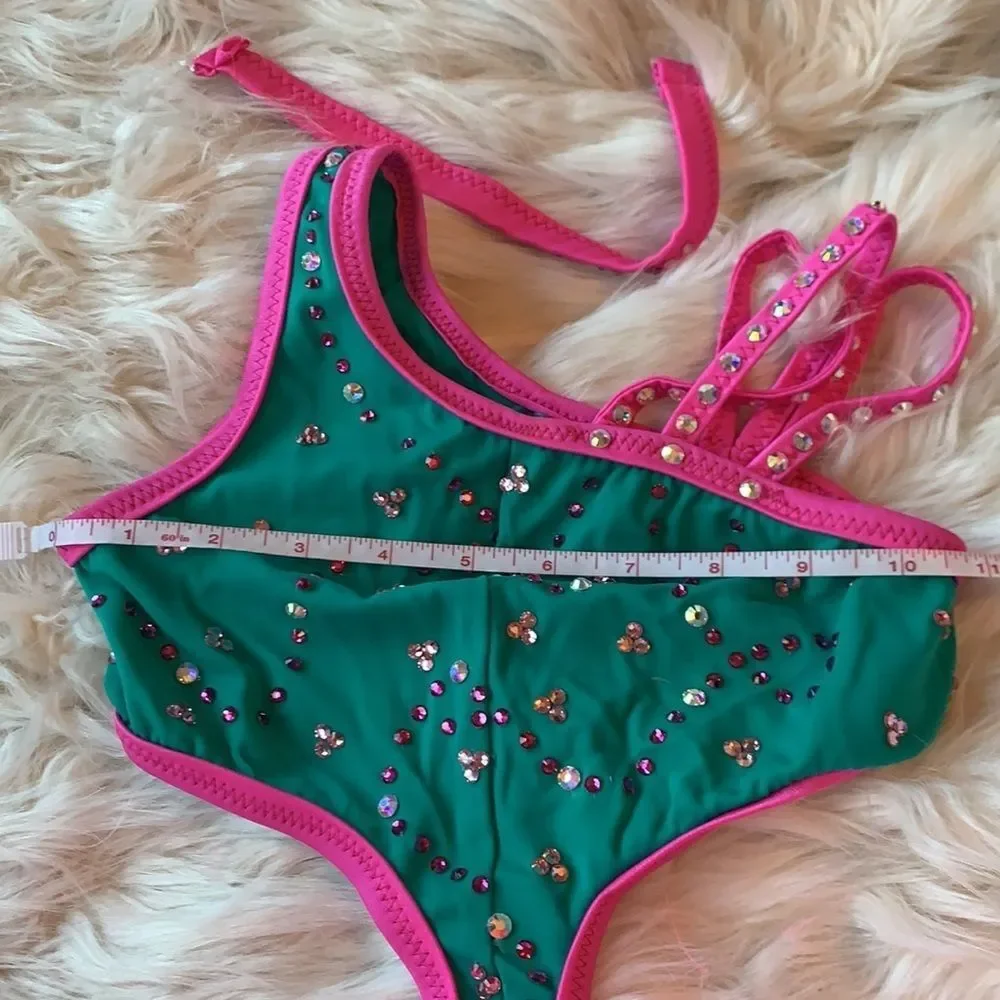 Custom Teal Pink Swarovski Crystal Feather Dance Costume Arm Sleeves